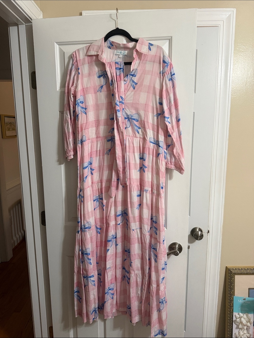 Darlington Isle Pink and Blue Gingham Belted Button Down Maxi Dress with Bows L
